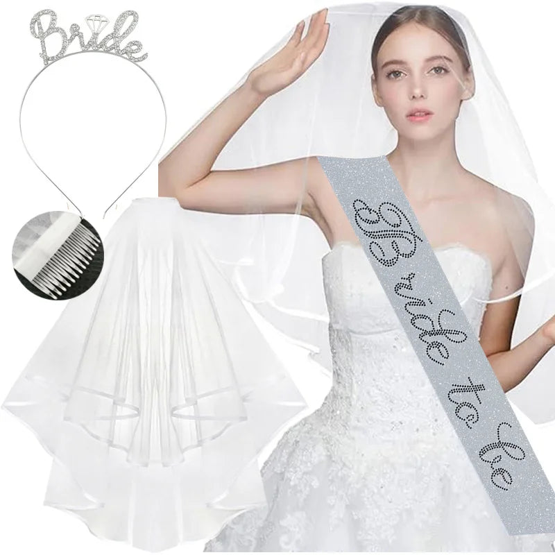 3-piece Set Bride to Be Crown Headband Shoulder Strap Wedding Veil Set for Bridal Shower WB007