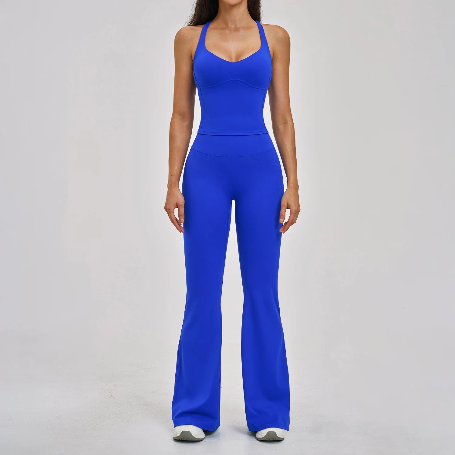 Custom Logo Flare Yoga Pants Set 2 Piece Activewear Set Fashion Gym Fitness Clothing Halter Yoga Set Crossed Back