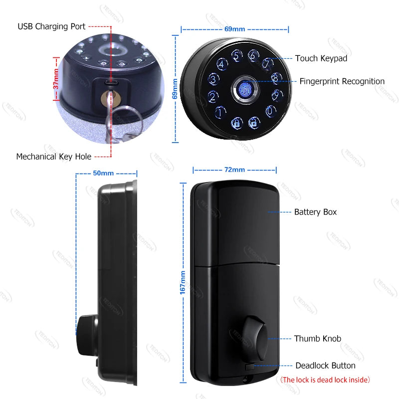 Tediton Smart Lock TTLock New Design Serrure Intelligent Deadbolt Fingerprint Door Lock