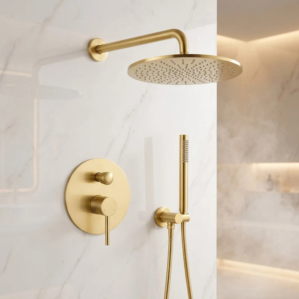 16inch Round Bathroom Luxury Rain Mixer Combo Set Wall Mounted Rainfall Shower Head System Brushed Gold Shower