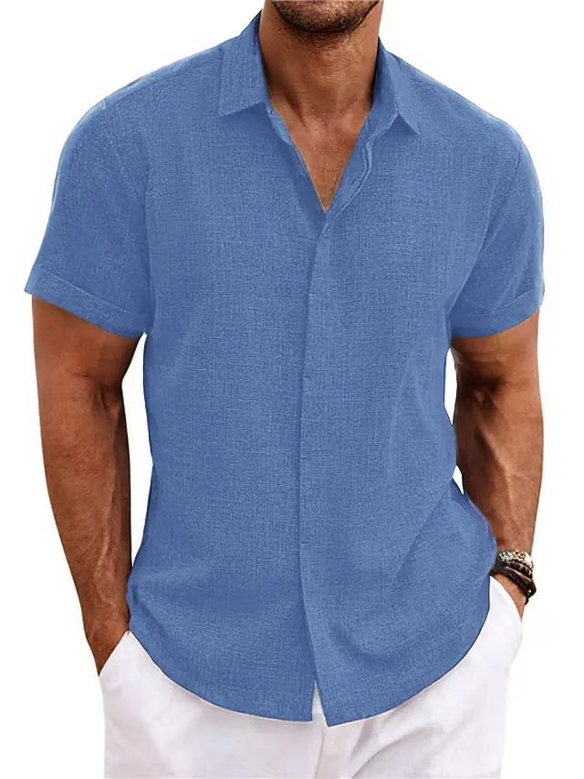 Men's Linen/Cotton Short-Sleeve Loose-Fit Solid Color Beach-Style Plus-Size Shirt Turn-down Collar Beaded Machine Washable