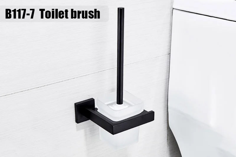 Matt Black Bathroom Hardware Set Kit Accessories Wall Shelf Towel Bar Rack Rail Robe Hanger Toilet Brush Roll Paper Holder Dish