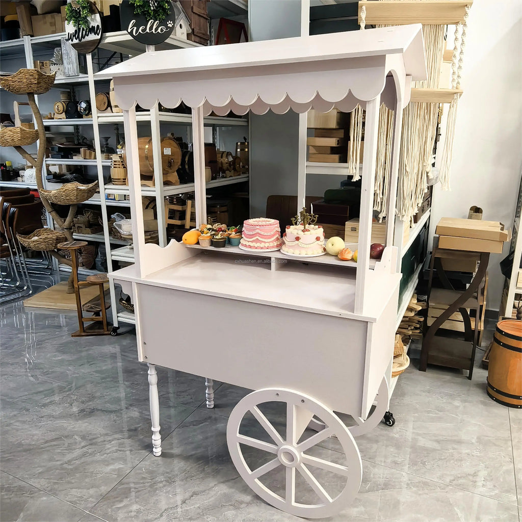 PVC & Wood Display Stand for Wedding Parties Baby Shower Wedding Candy Cart with Wheels for Birthday Wedding Party Event Decor