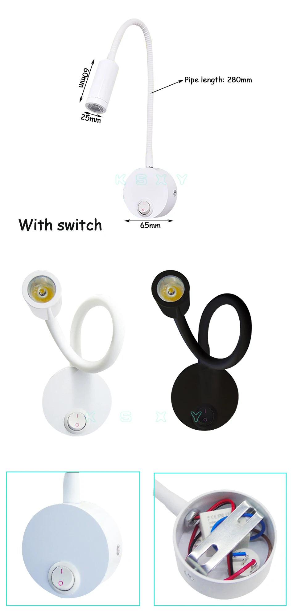 LED Wall Lamp Knob Switch 90-260V 3W Modern Bedroom Bedside Lamp Black White Light Body 360 Degree Angle Adjustable Wall Light