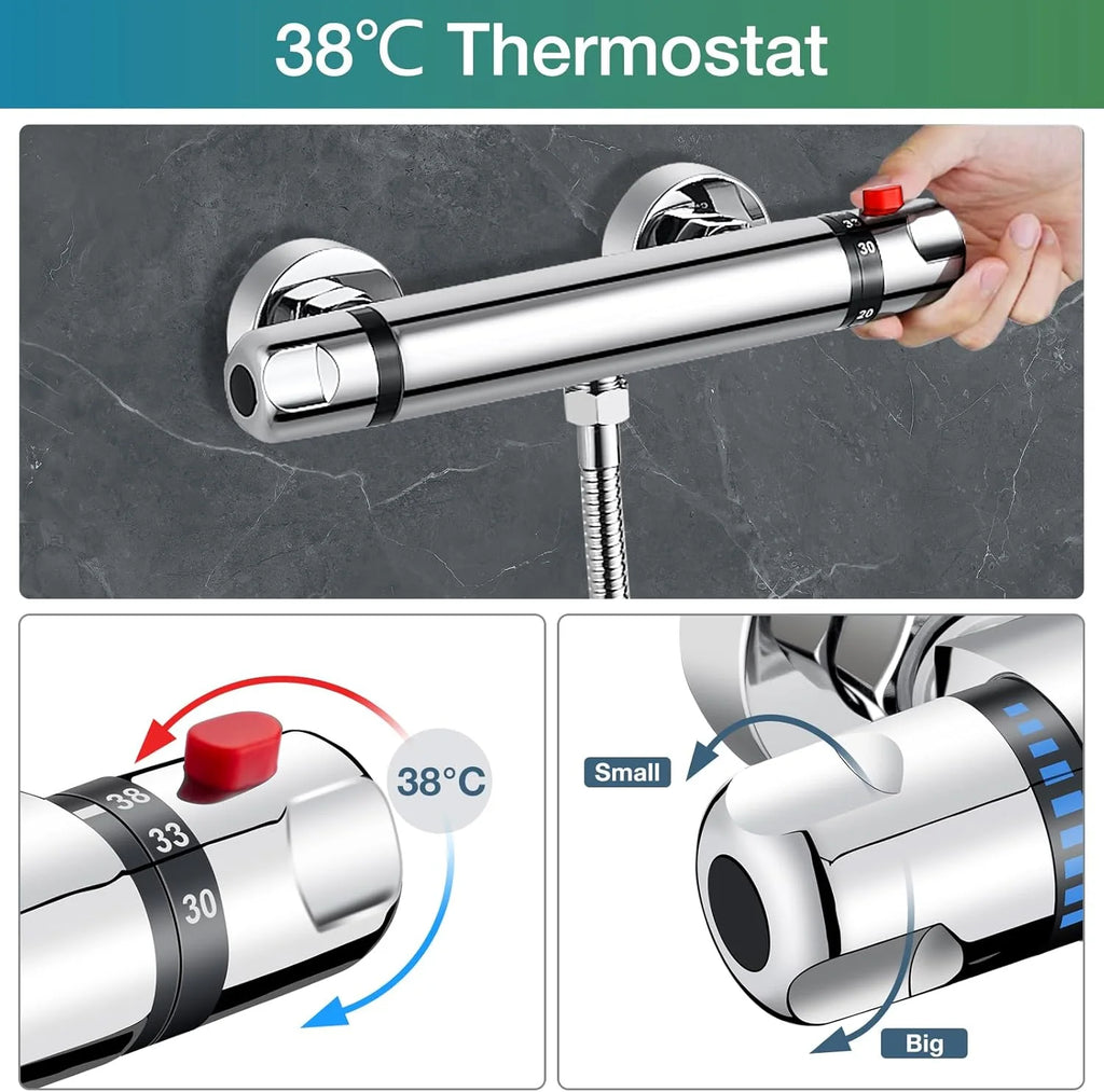 Brass Chrome Thermostat Mixer Valve Cold Hot Water Shower Faucet Rain Soft Jet Slide Bar Modern Design Hotel Apartment Washrooms