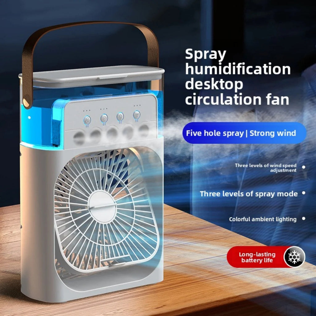Five-Hole Small Electric Fan for Office Student Dormitory 5V Strong Wind with Light Humidify Function for Household Use