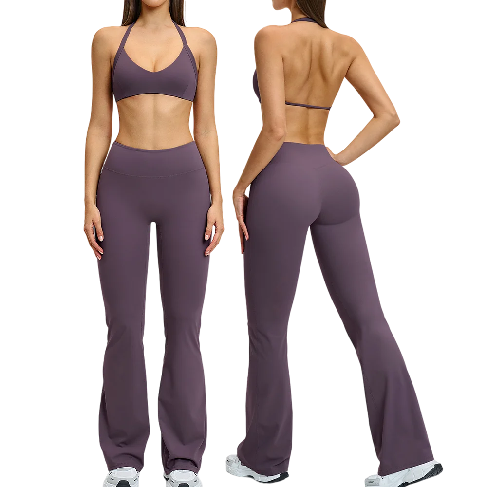 CIYING Wholesale Backless Yoga Halter Neck Sports Bra and Flare Leggings Set Custom Logo Brushed Gym Soft Breathable Yoga Set