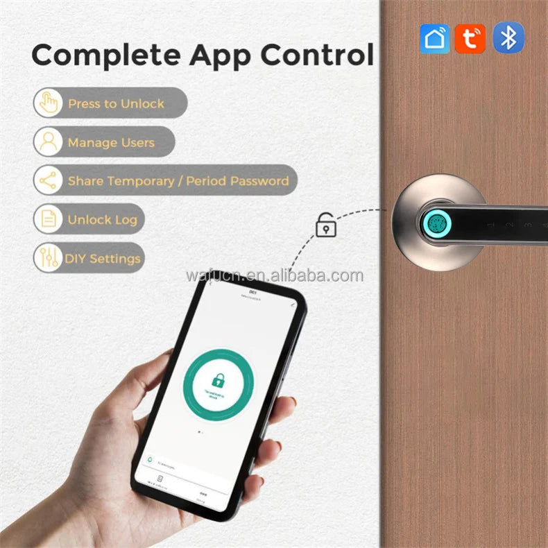 WAFU Tuya BLE Smart Door Lock Biometric Fingerprint Zinc Alloy Aluminum/Steel/Wood Door Electronic Keyless Cloud