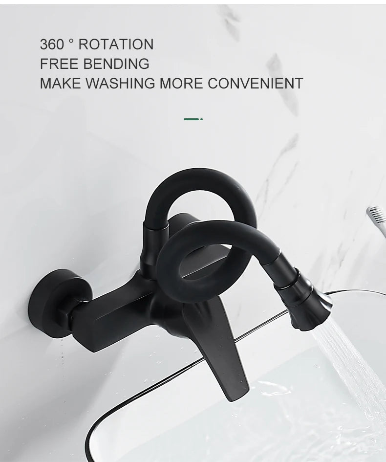ELLEN Wall Mount Kitchen Sink Faucet Hot Cold Sink Water Mixer Tap 2 Holes Black Faucets 360 Degree Swivel ELK5400