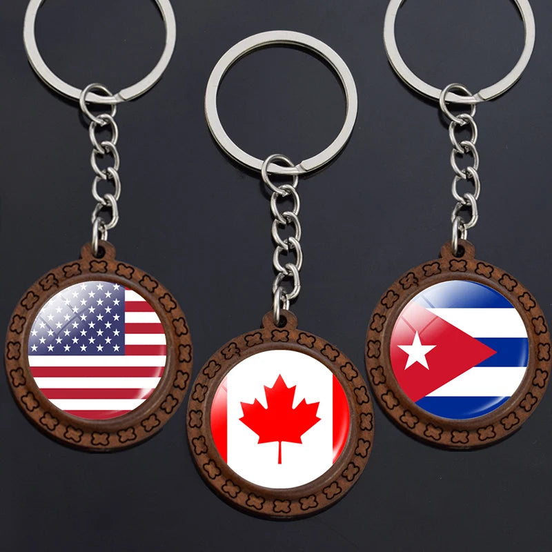Flag Key Chains North America Canada America Mexico Jamaica Bahamas Cuba Barbados Flag Glass Dome Keychain Wooden Trinket