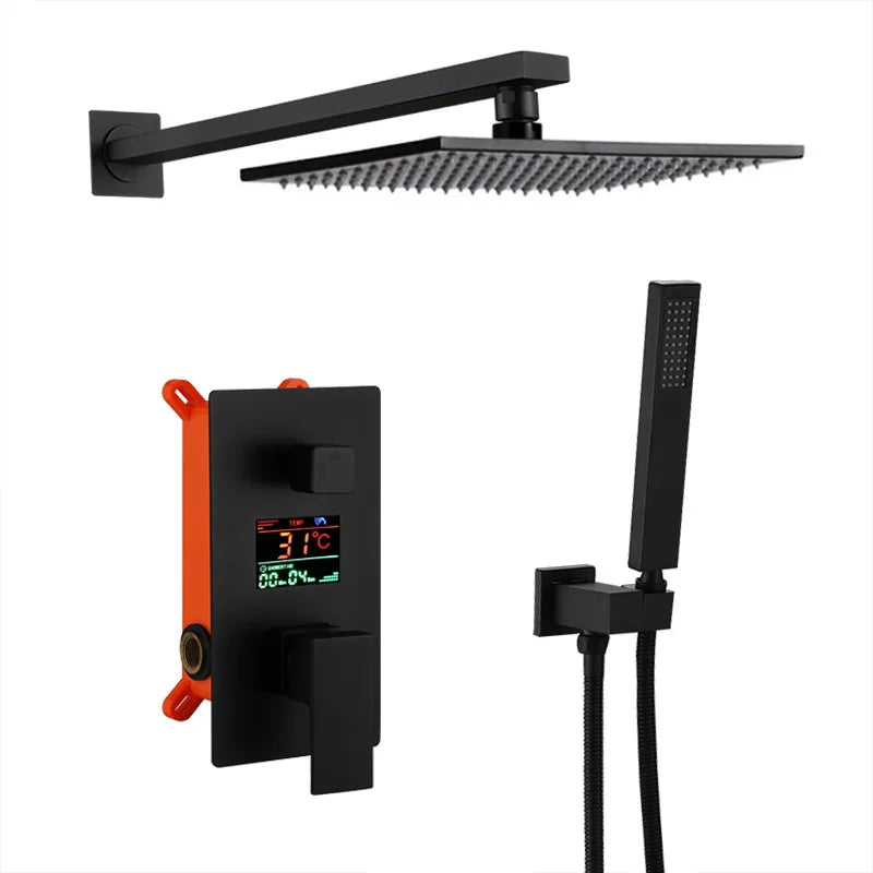 HONGDEC Wall Mounted Bathroom Shower Set  Rainfall Shower System LED Digital Display Bathroom Shower Set