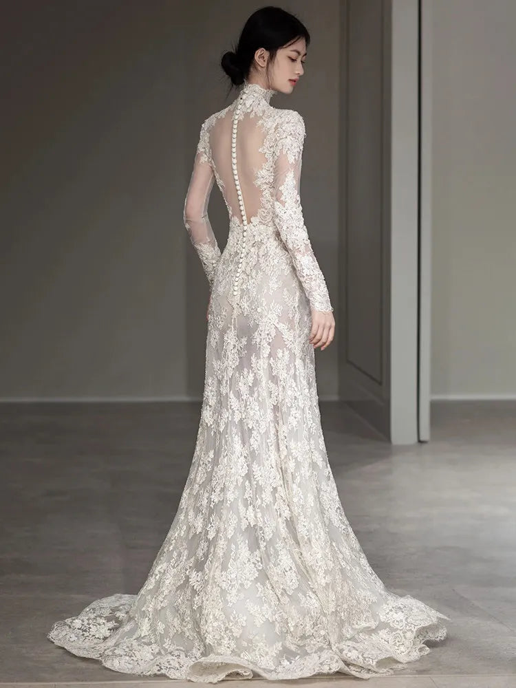S1319Y 2026 High-end Lace  Elegant and Luxurious Bridal  Mermaid Style  Light Luxury Slimming Long-sleeved Wedding Dress