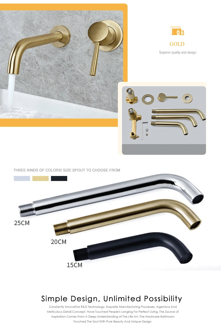 Luxury Brushed Gold Tap Wall Mount Bathroom Basin Sink Faucet Solid Brass Single Handle Hot and Cold Mixer Golden Bathtub Faucet