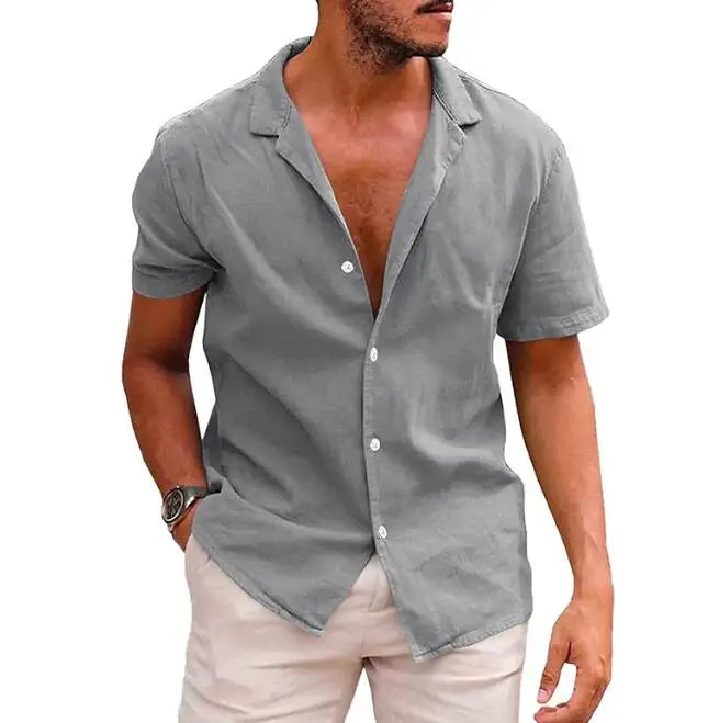 Summer Oversized Men's Short Sleeved Shirts Loose Fit Solid Color Button Cardigan Cotton Linen Shirt