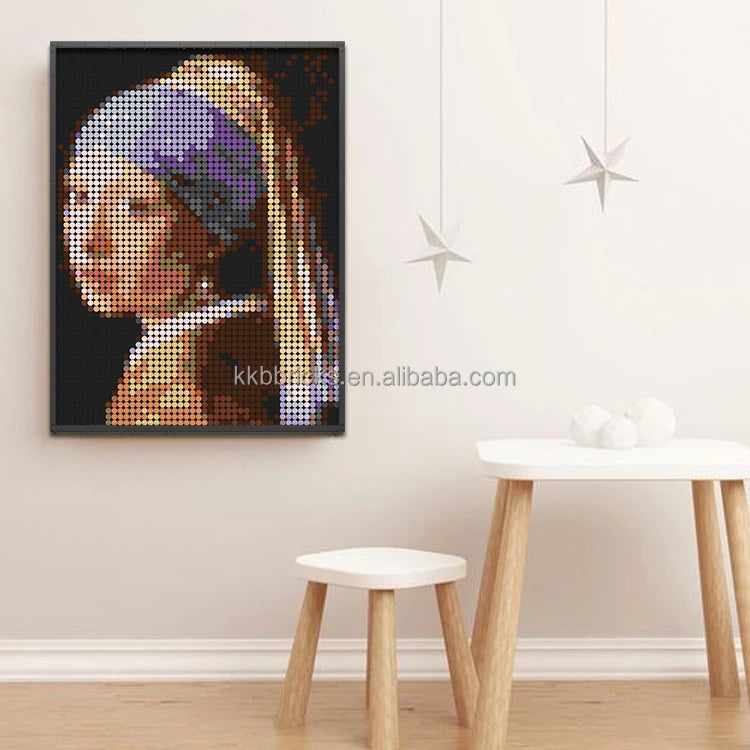 48x64 Studs 1*1 Round Tile or 1*1 Plate  Girl with a Pearl Earring Pixel Art Set  Decorative DIY Mosaic Art 20" Framed Art
