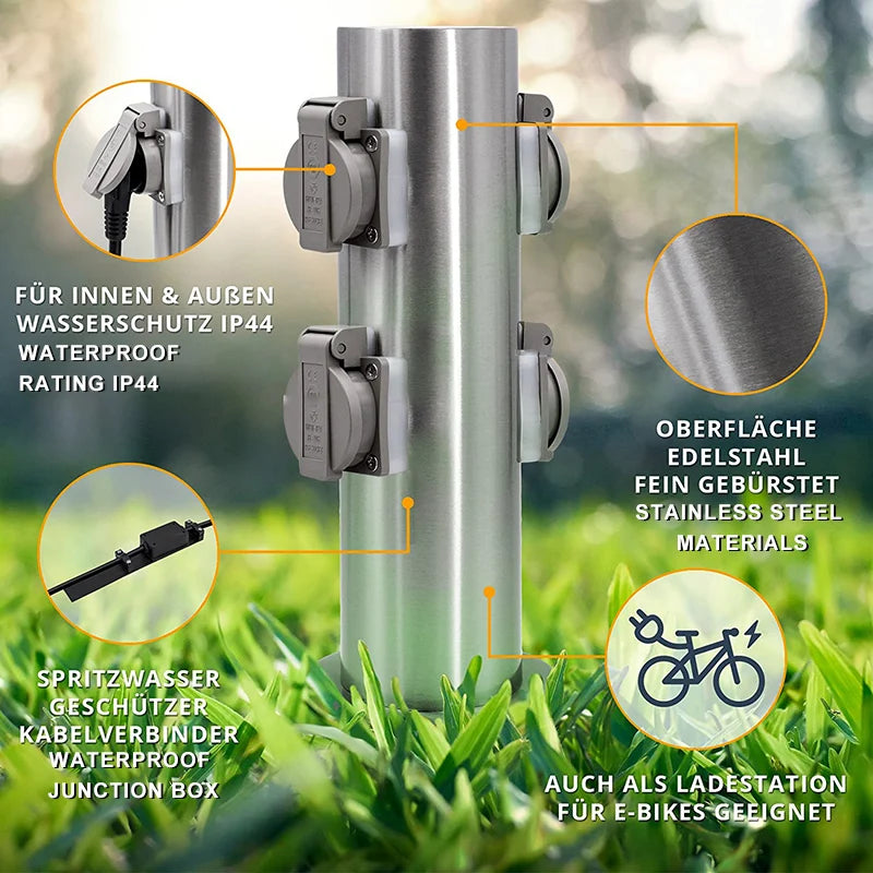 Outdoor Garden Socket 4-Way EU Sockets Waterproof Energy Column Multi-socket Spike for Garden décor Lawn Mower Electrical outlet