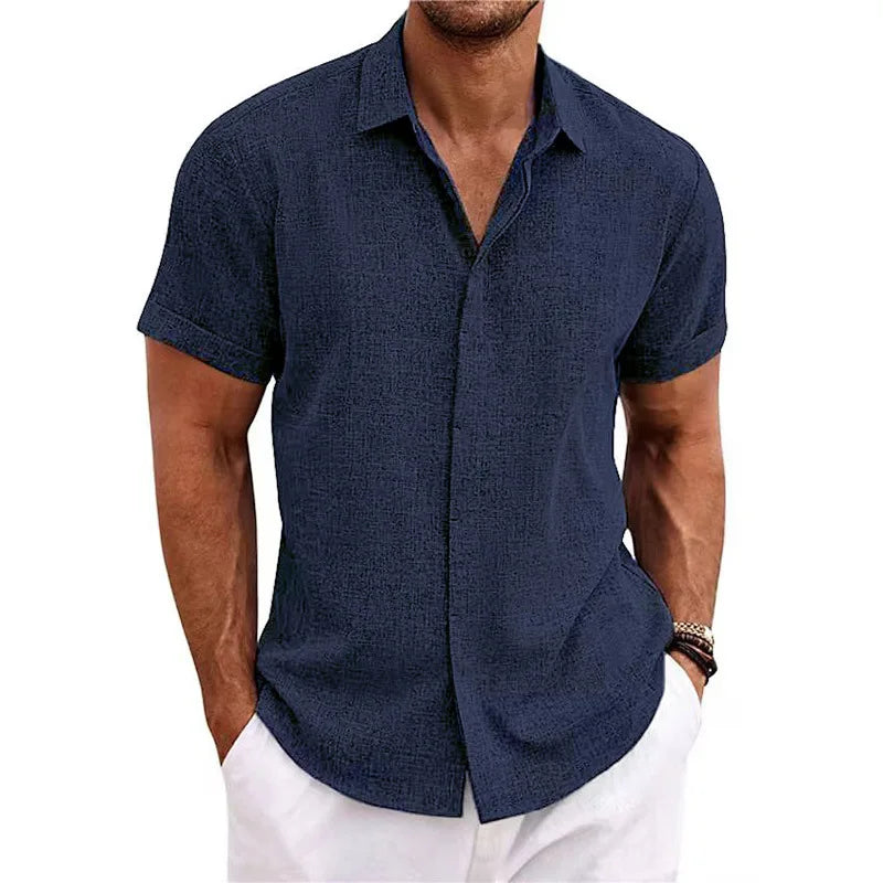 Men's Linen/Cotton Short-Sleeve Loose-Fit Solid Color Beach-Style Plus-Size Shirt Turn-down Collar Beaded Machine Washable