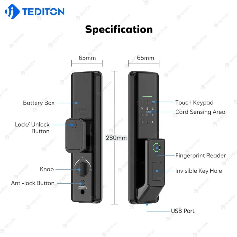 Tediton Biomatric Fingerprint Reader Digital Keyless Tuya Smart Life Lock Safety Smart Door Lock