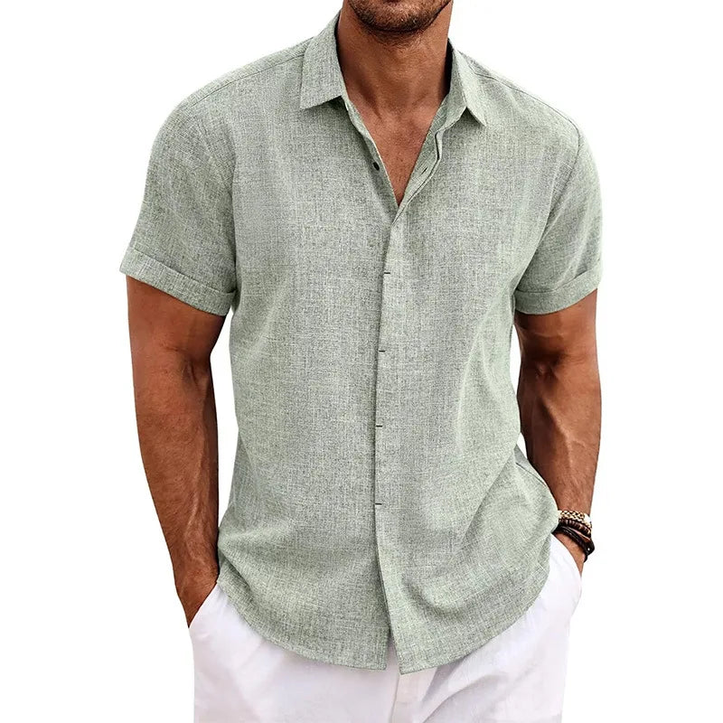 Men's Linen/Cotton Short-Sleeve Loose-Fit Solid Color Beach-Style Plus-Size Shirt Turn-down Collar Beaded Machine Washable
