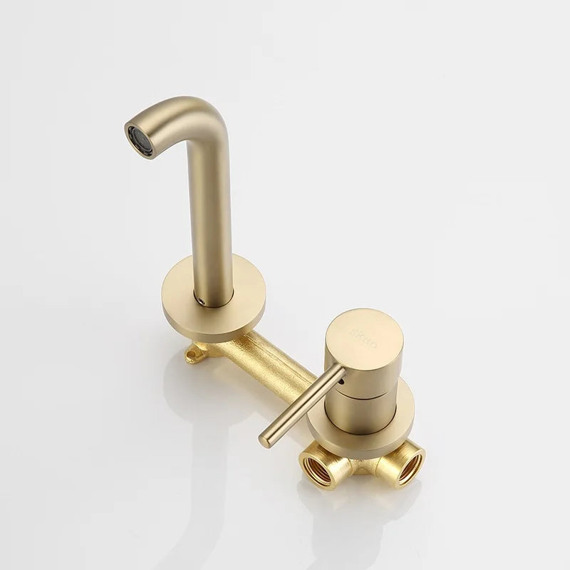 Wall Mounted Spout Basin Faucet Solid Brass Brushed Rose Gold Bathroom Bathtub Shower Mixer For Lavatory Sink Brushed gold Taps