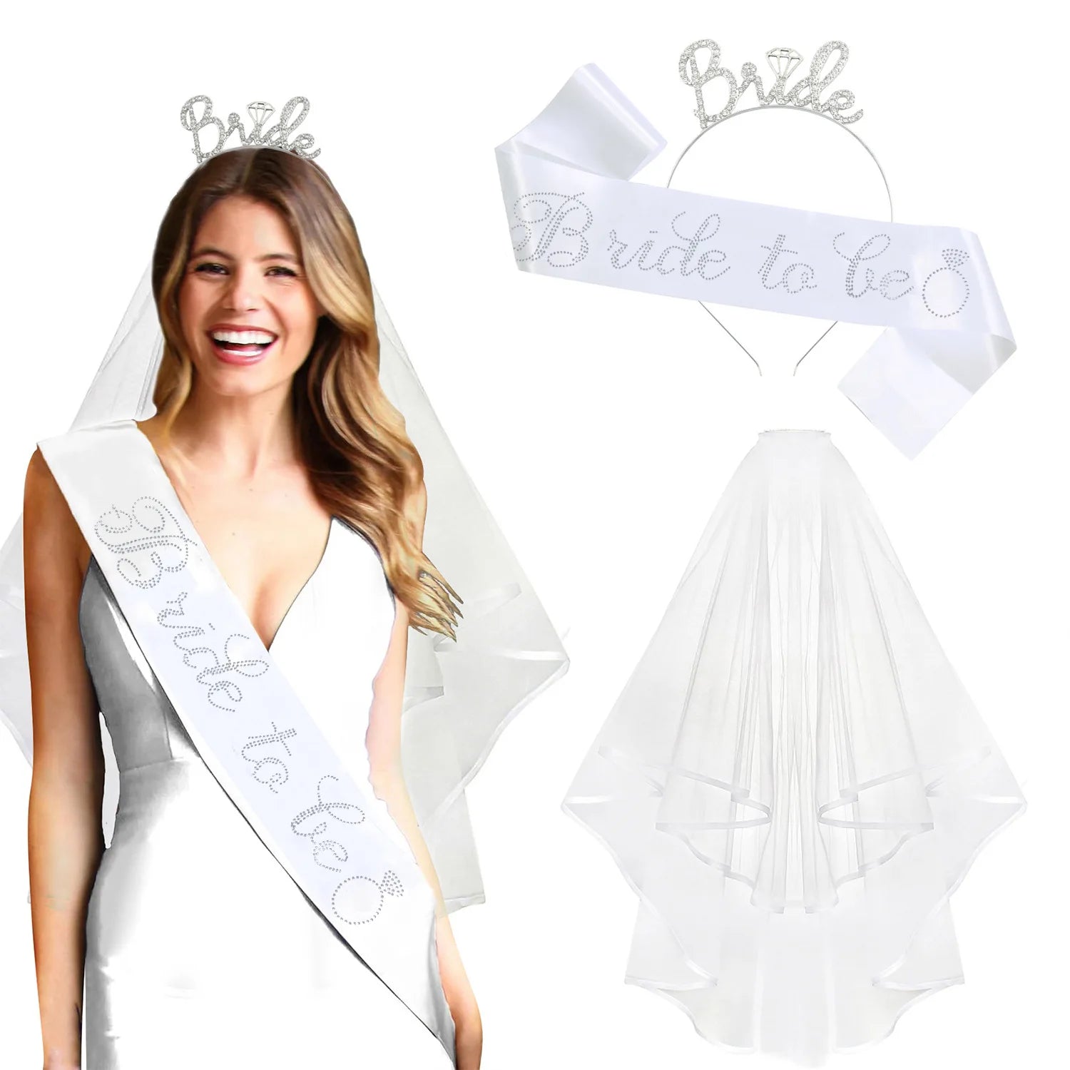 3-piece Set Bride to Be Crown Headband Shoulder Strap Wedding Veil Set for Bridal Shower WB007