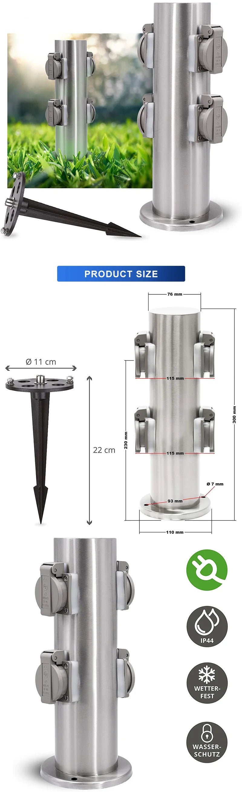 Outdoor Garden Socket 4-Way EU Sockets Waterproof Energy Column Multi-socket Spike for Garden décor Lawn Mower Electrical outlet