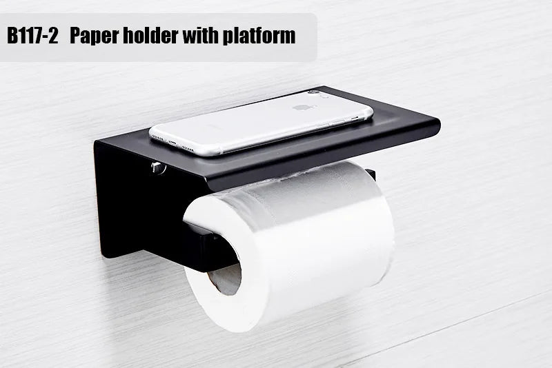 Matt Black Bathroom Hardware Set Kit Accessories Wall Shelf Towel Bar Rack Rail Robe Hanger Toilet Brush Roll Paper Holder Dish