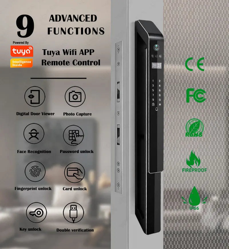 Wifi Tuya Fingerprint Smart Digital Glass Aluminum Sliding Door Lock Biometric 3d Face Recognition App Serrure Intelligent