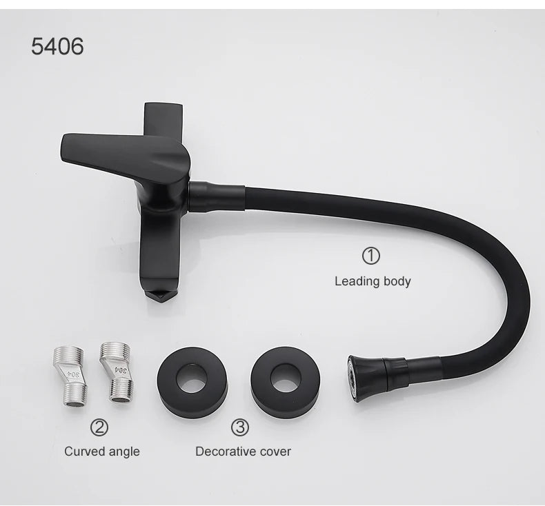 ELLEN Wall Mount Kitchen Sink Faucet Hot Cold Sink Water Mixer Tap 2 Holes Black Faucets 360 Degree Swivel ELK5400