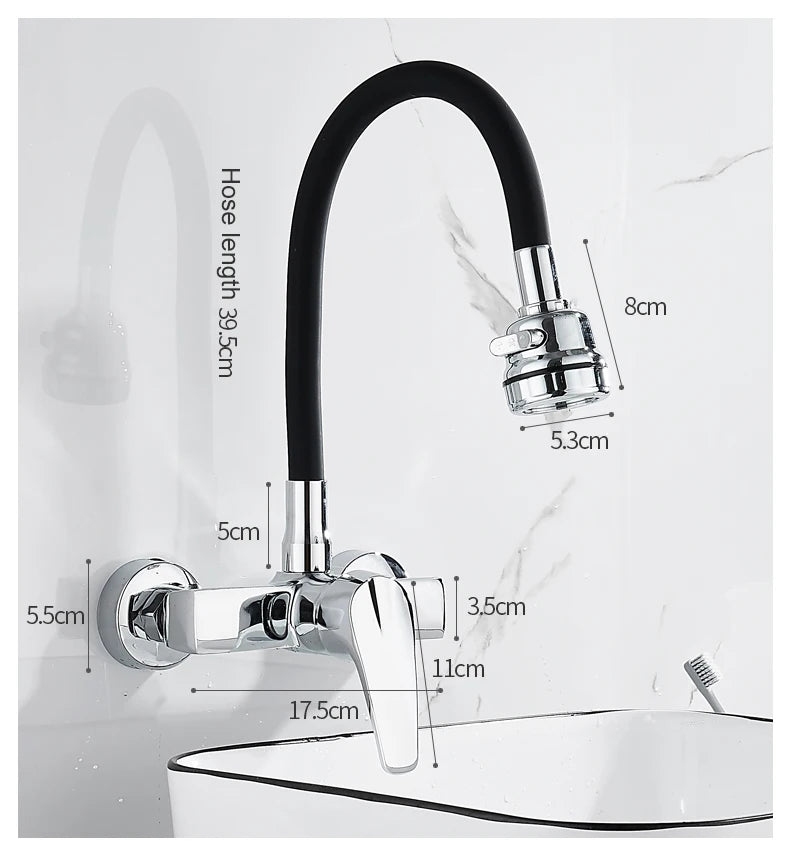 ELLEN Wall Mount Kitchen Sink Faucet Hot Cold Sink Water Mixer Tap 2 Holes Black Faucets 360 Degree Swivel ELK5400