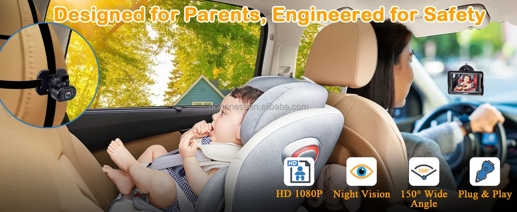 Brown Baby Car Camera Waterproof 1080P Easy Install Clear Night Vision 2Mins Plug-Play 360 Rotation Rear Facing Monitor