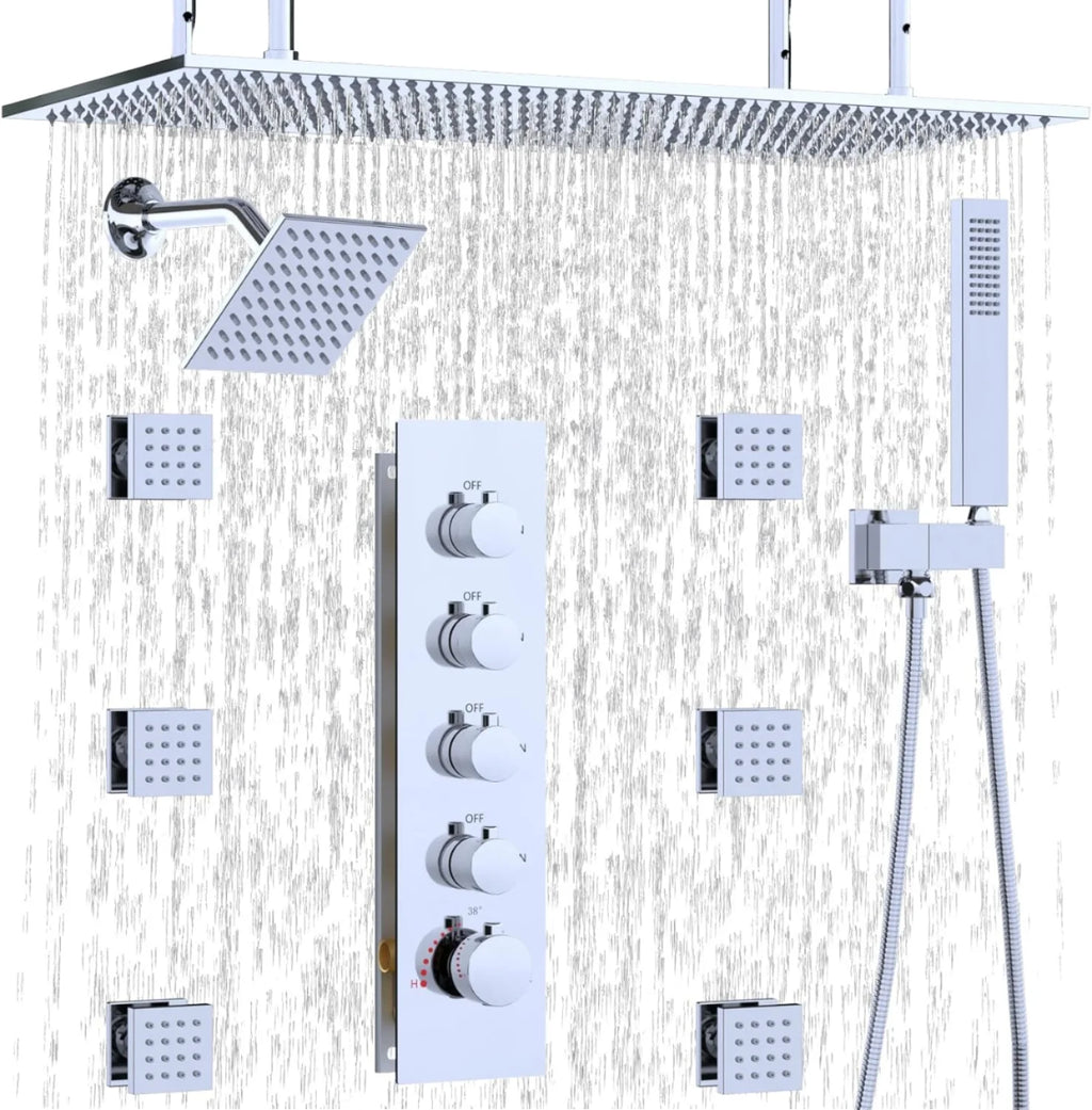 Chrome Brass Modern Style Apartment Bathroom Shower System 6-Piece Handheld Body Jets Dual Shower Heads Soft Rain Spray Massage