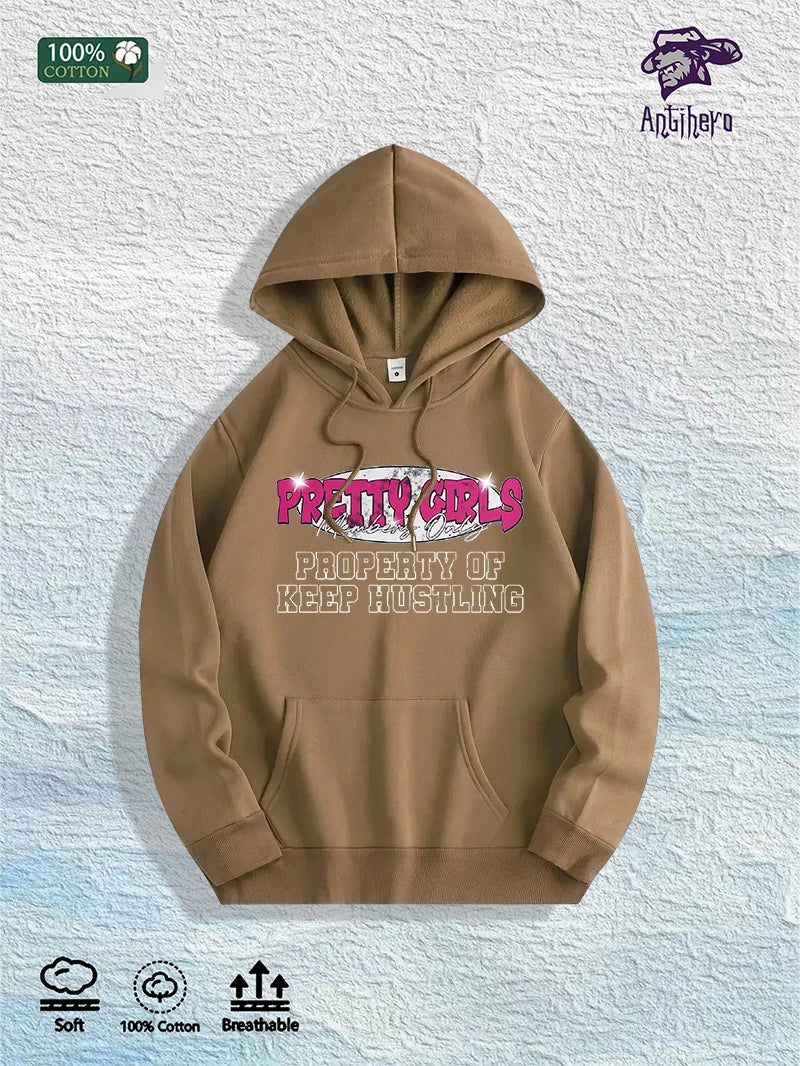 US Local Warehouse: 100% Cotton "Pretty Girls Keep Hustling" Graphic Hoodie, 7 Colors