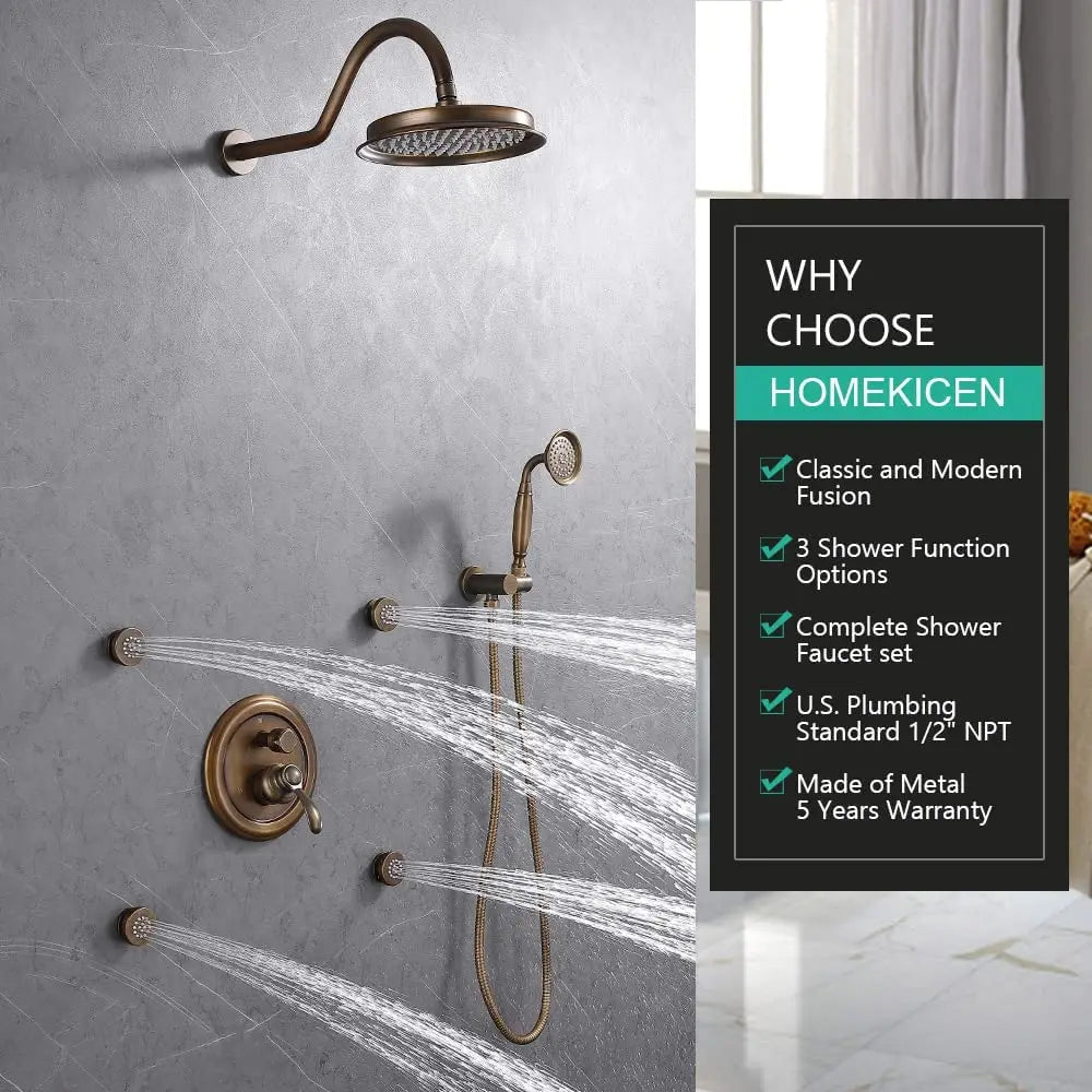 HONGDEC  Antique Brass Bathroom Shower System Bathroom Shower Faucet Set 9 Inches Rainfall Shower Faucet