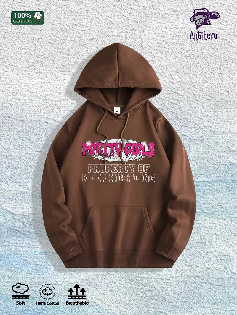 US Local Warehouse: 100% Cotton "Pretty Girls Keep Hustling" Graphic Hoodie, 7 Colors