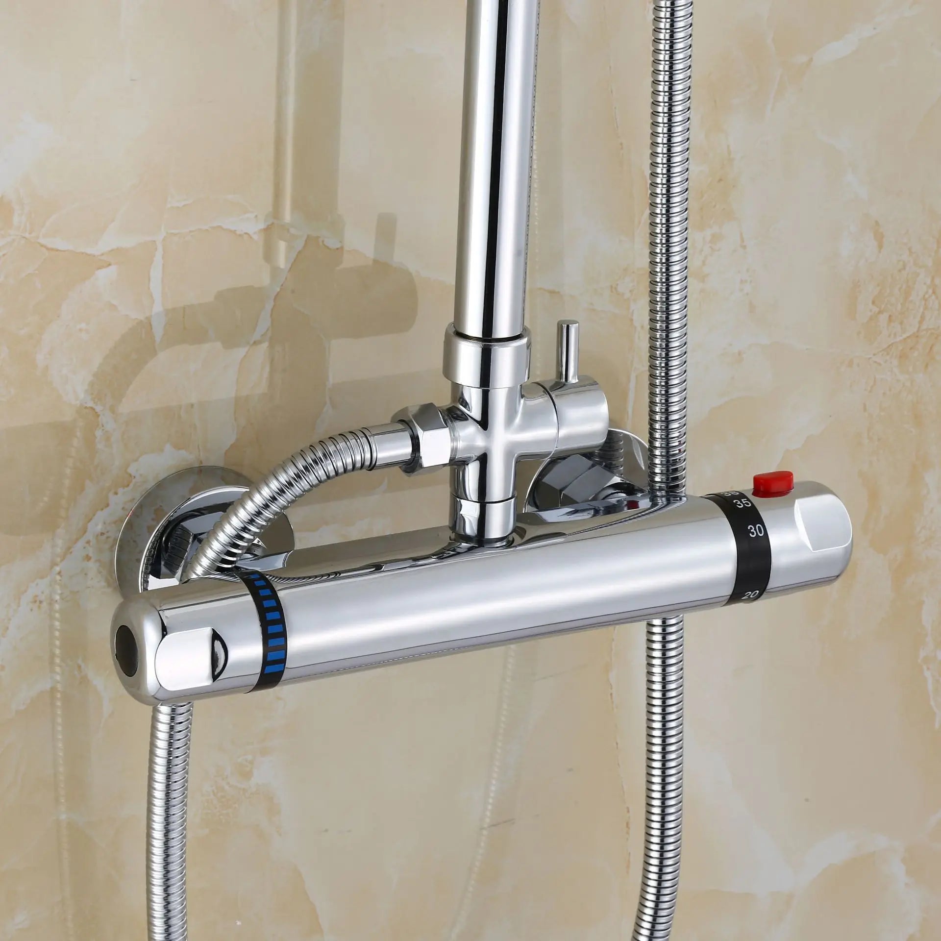 Brass Thermostatic Mixing Valve & Shower Faucet with Chrome Finish Dual Handle Soft/Rain Spray for Electric/Solar Water Heaters