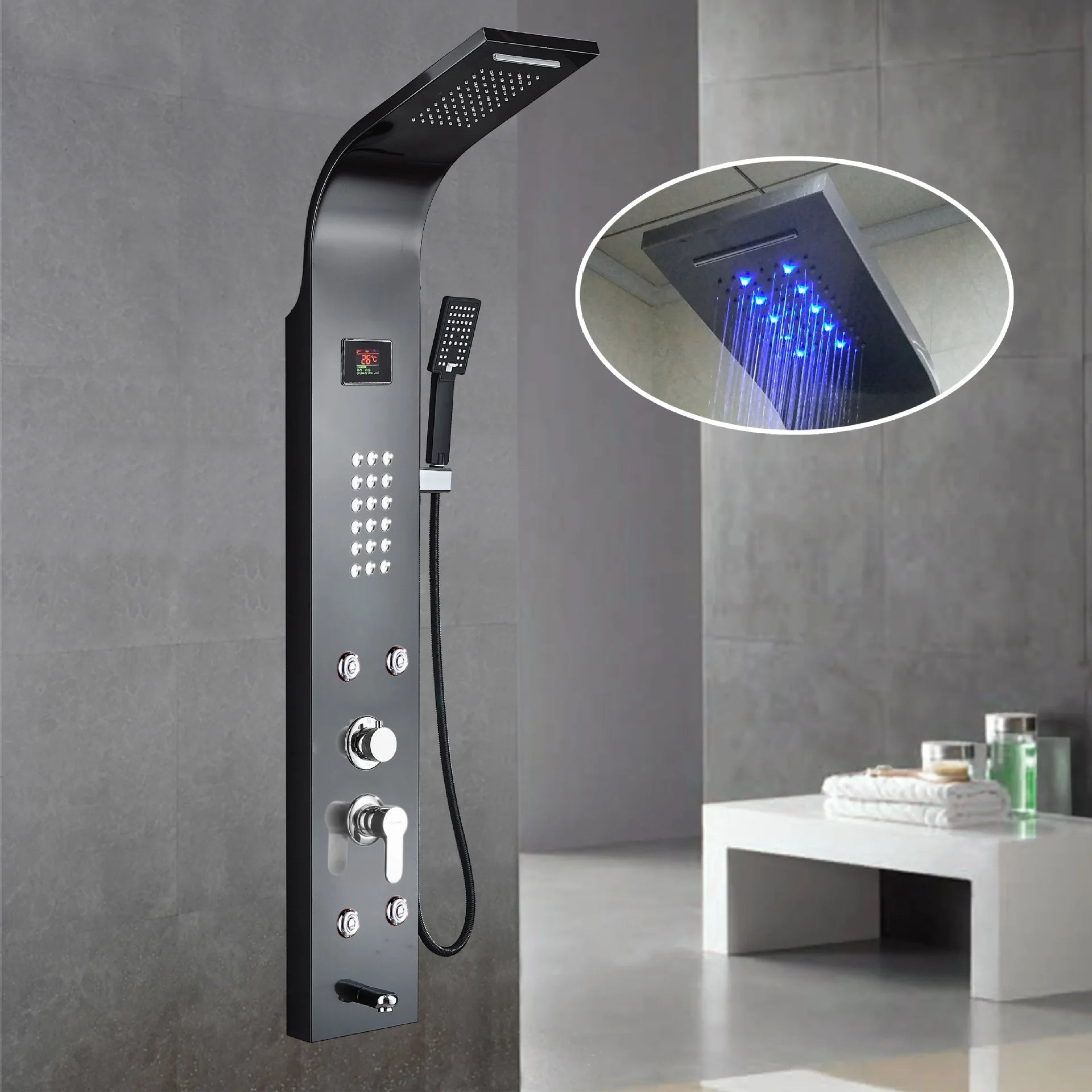 Contemporary LED Light Hydroelectric Shower Screen Stainless Steel with Temperature Display Soft Rain Spray Pattern