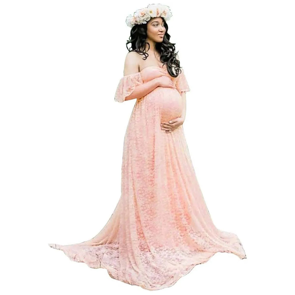 Top Sales Off Shoulder Tulle Elegant Slim Fit Gown Baby Shower Photography Maxi Maternity Dress Photoshoot DGPD-001