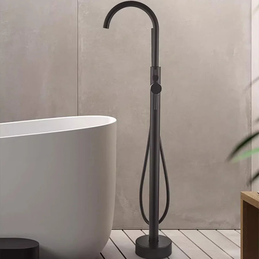 Matte Black Brass Ceramic Floor Mounted Free Standing Shower System Bathtub Mixer Tap Faucet Set Slide Bar 1 Handle Soft Spray