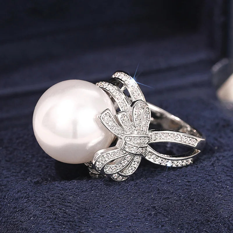 T0568 Women's Cocktail Ring Freshwater Pearl Bowknot Pave Setting Round Brilliant Cut Wedding Fashion Jewelry