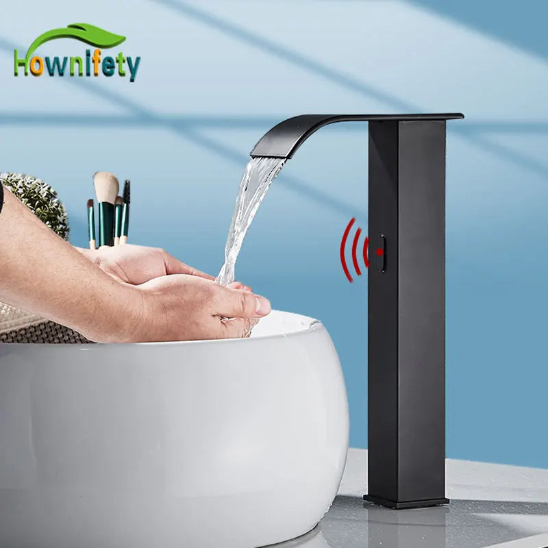 Hownifety Hot Cold Smart Sensor Bathroom Basin Faucet Deck Mount Waterfall Outlet Mixer Crane Tap Automatic Sense Touchless