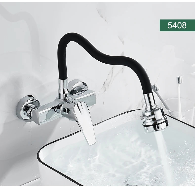 ELLEN Wall Mount Kitchen Sink Faucet Hot Cold Sink Water Mixer Tap 2 Holes Black Faucets 360 Degree Swivel ELK5400