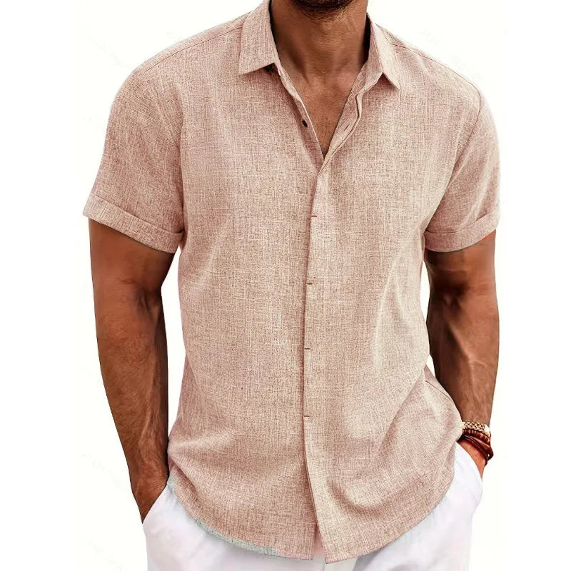 Men's Linen/Cotton Short-Sleeve Loose-Fit Solid Color Beach-Style Plus-Size Shirt Turn-down Collar Beaded Machine Washable