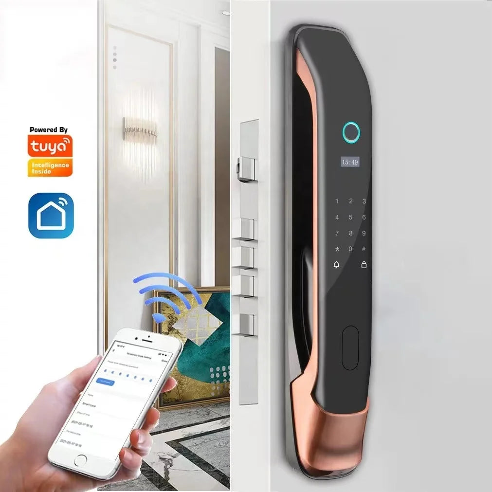 Tuya Wifi Smart RFID Biometric Door Lock Aluminum Alloy Keyless Push Pull Feature for Wood Door Memory Card Data Storage Option