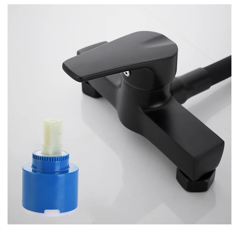 ELLEN Wall Mount Kitchen Sink Faucet Hot Cold Sink Water Mixer Tap 2 Holes Black Faucets 360 Degree Swivel ELK5400
