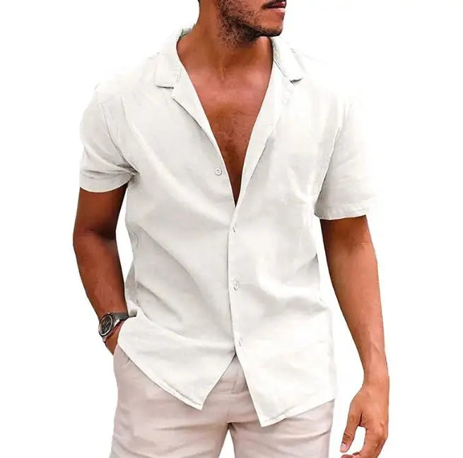 Summer Oversized Men's Short Sleeved Shirts Loose Fit Solid Color Button Cardigan Cotton Linen Shirt