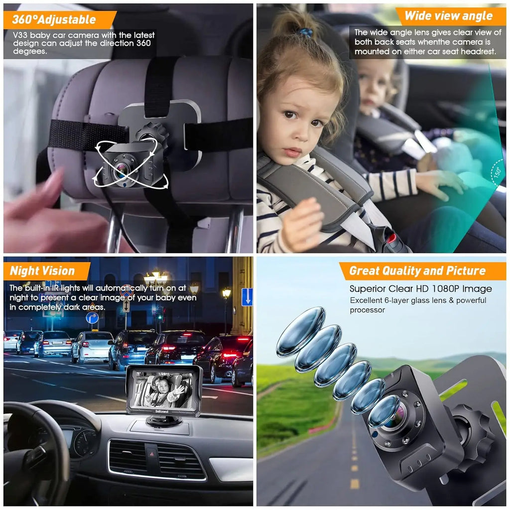 Baby Car Camera for Safety HD 1080P - Rear-facing, Night Vision, Adjustable Viewing Angle, Anti-Glare Display