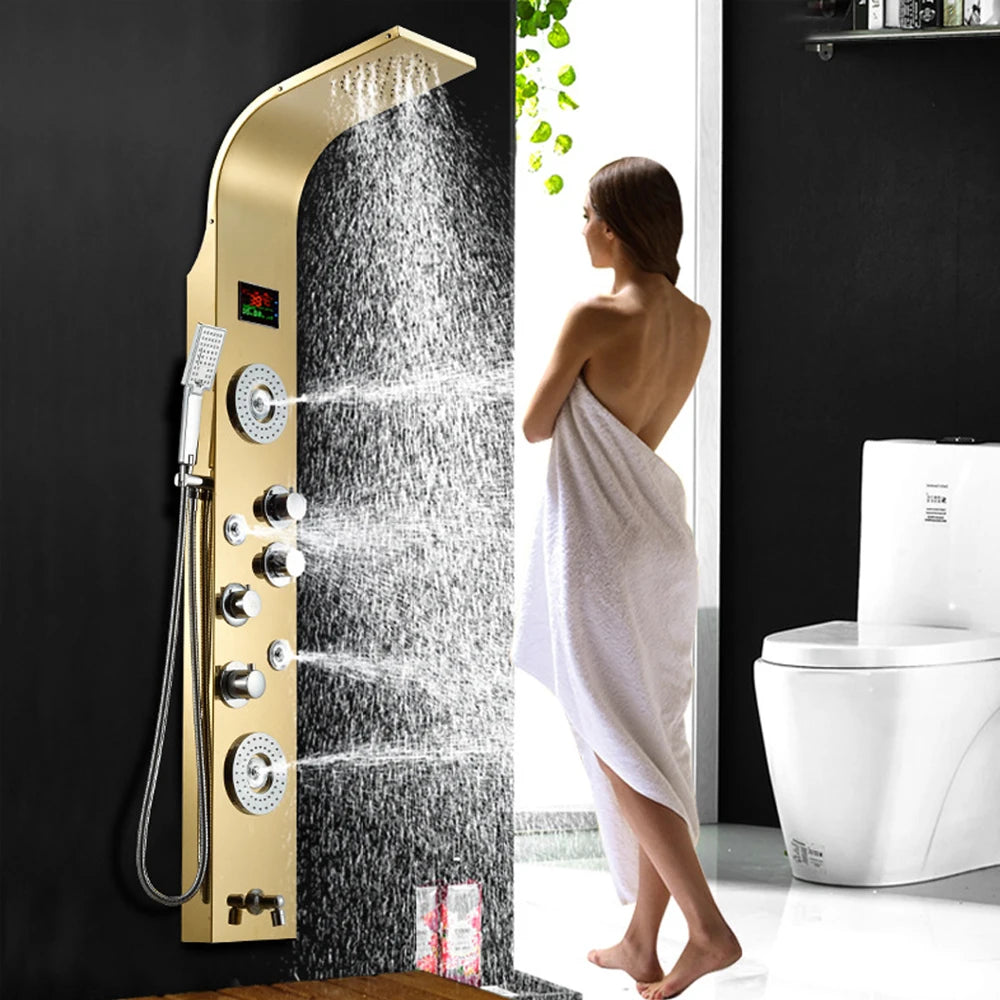 YMC Luxury Black Stainless Steel Wall Mounted Rainfall Shower Panels Thermostatic LED Rain Shower Head Hot Sale for Salons