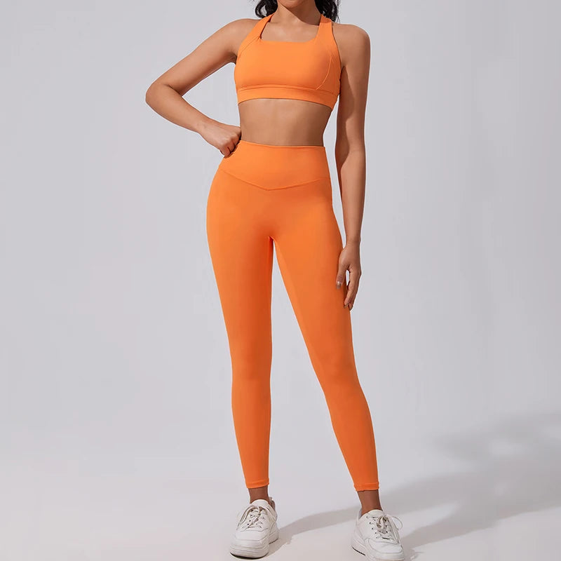 Workout Yoga 2-Piece Set Solid Eco-Friendly Spandex/Nylon Quick Dry Sports Bra High-Waisted Tummy Control Leggings for Women Gym