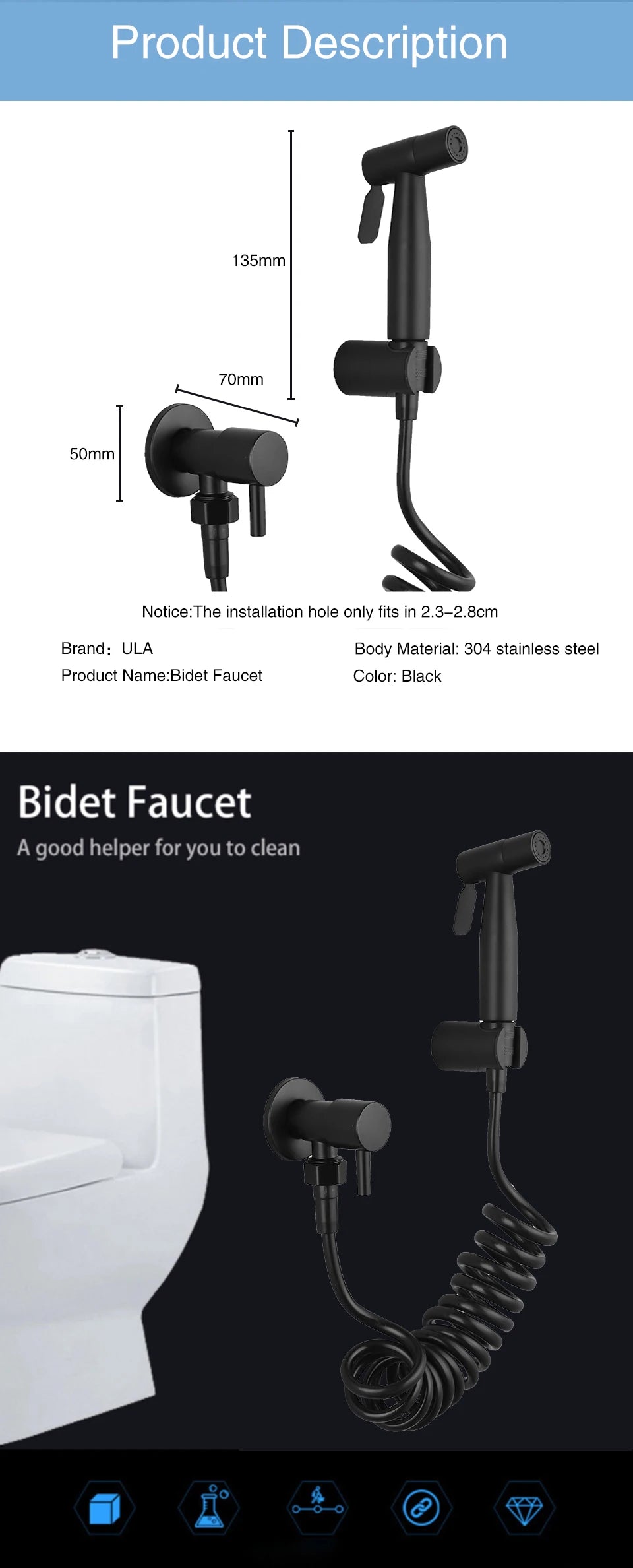 ULA Stainless Steel Black Portable Bidet Sprayer Toilet Bidet Faucet Bathroom Shattaf Jet Set Cold Hygienic Shower Toilet Shower